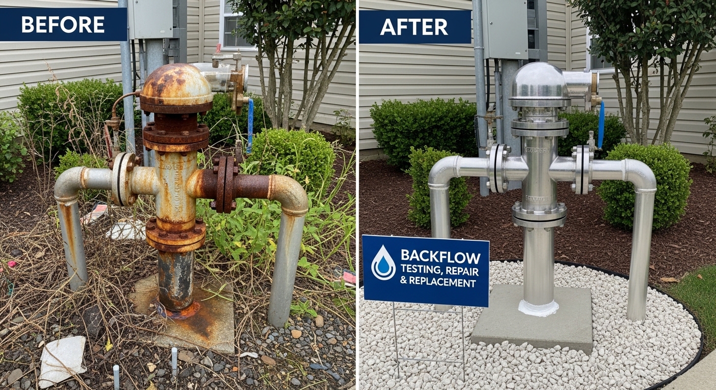 Before and after backflow preventer replacement in Aurora CO by Stanley Auro Plumbing