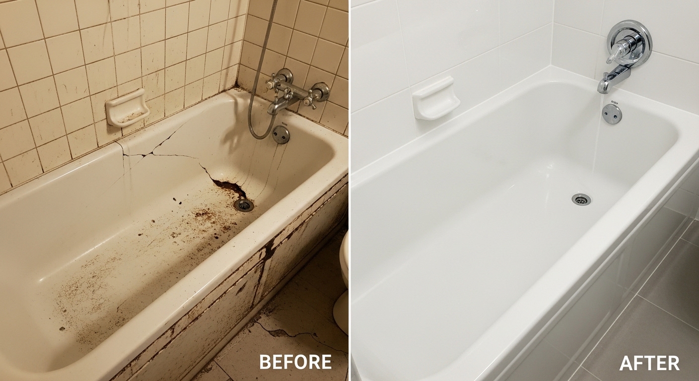 Before and after bathtub repair and replacement in Aurora CO by Stanley Auro Plumbing