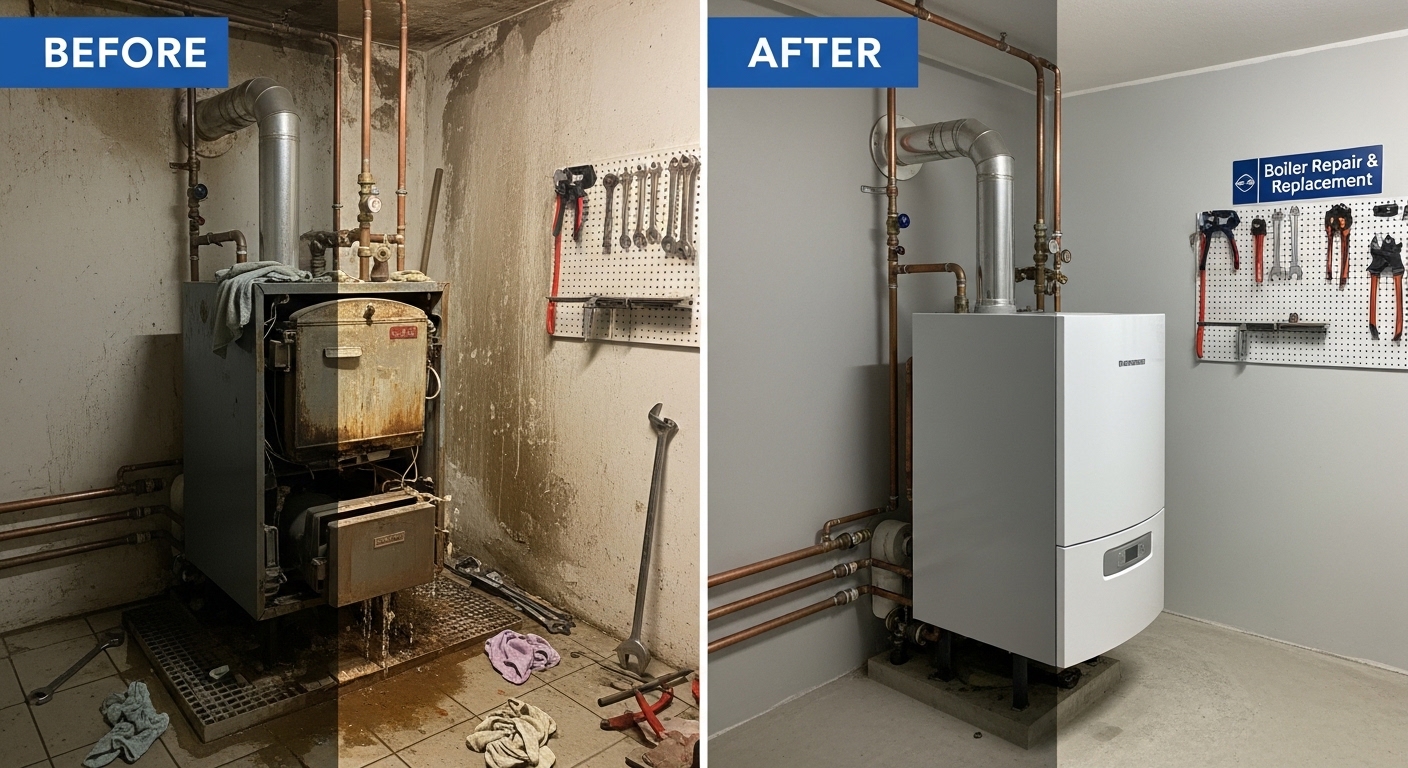 Before and after boiler repair and replacement in Aurora CO by Stanley Auro Plumbing