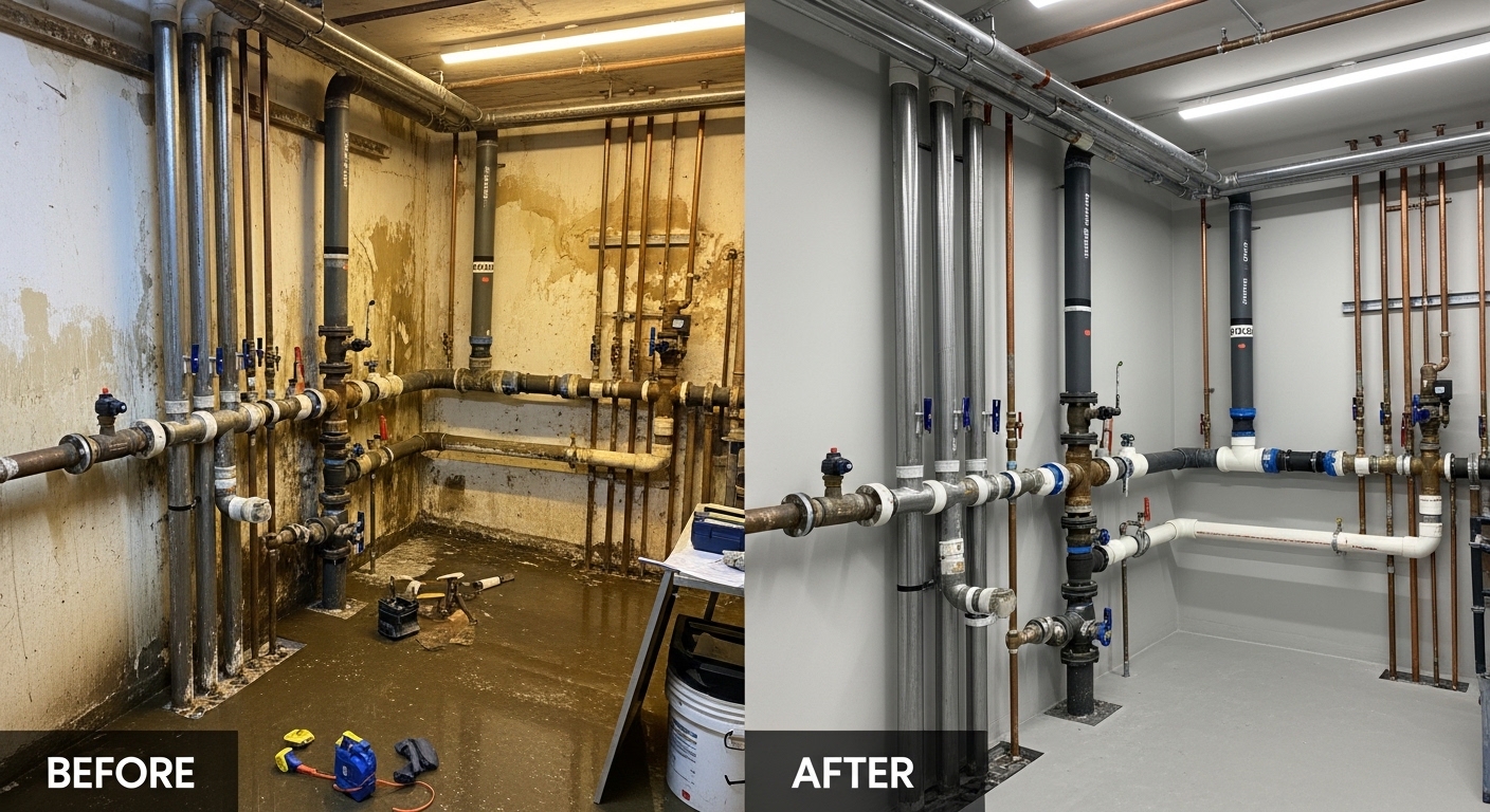Before and after commercial plumbing repair and upgrade in Aurora CO by Stanley Auro Plumbing