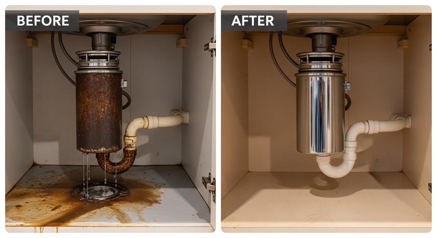 Before and after garbage disposal replacement by Stanley Auro Plumbing in Aurora, CO — rusted old unit replaced with clean, quiet new disposal