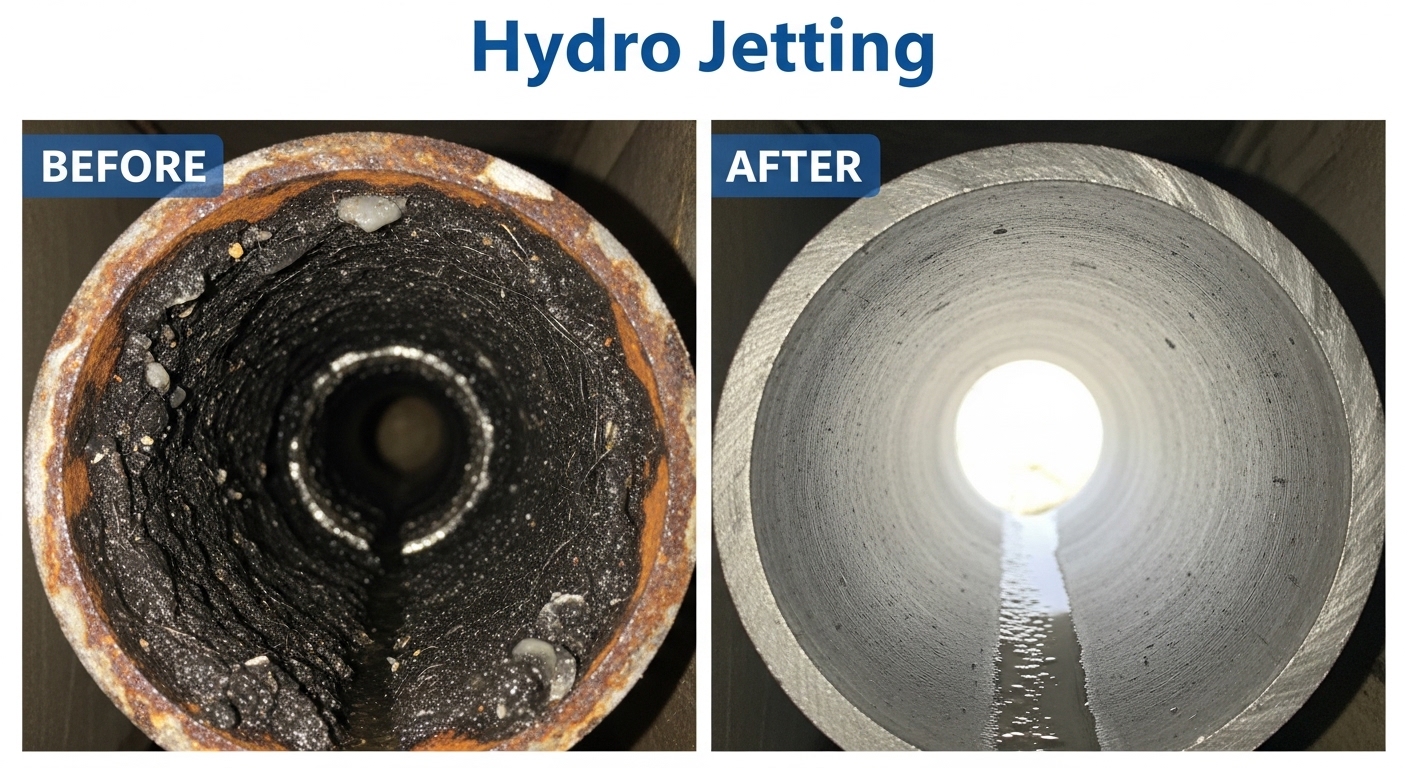 Before and after hydro jetting drain and sewer line cleaning by Stanley Auro Plumbing in Aurora, CO