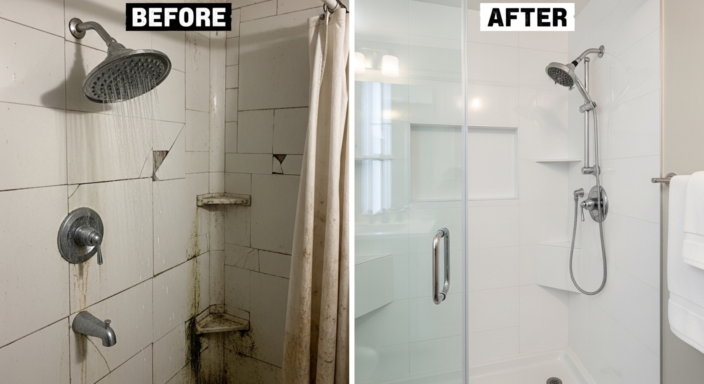 Before and after shower repair and replacement by Stanley Auro Plumbing in Aurora, CO — leaking outdated shower replaced with modern, leak-free shower installation