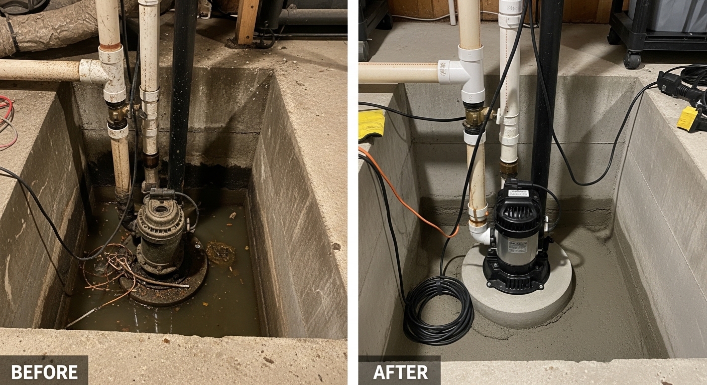 Sump Pump Repair and Replacement Before and After — Stanley Auro Plumbing Aurora CO