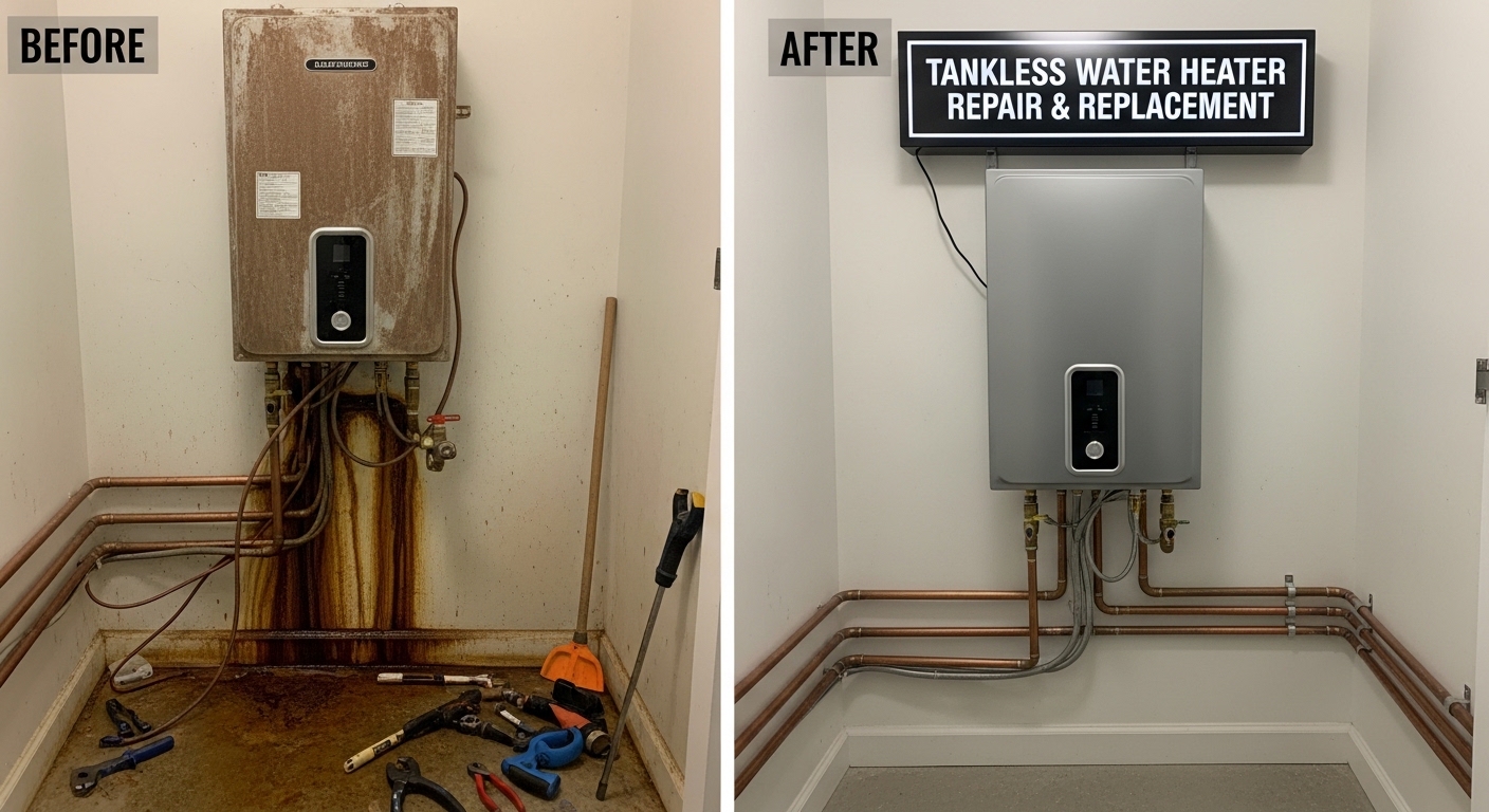Before and after tankless water heater repair and replacement by Stanley Auro Plumbing in Aurora, CO — old failing tankless unit replaced with properly sized high-efficiency tankless system