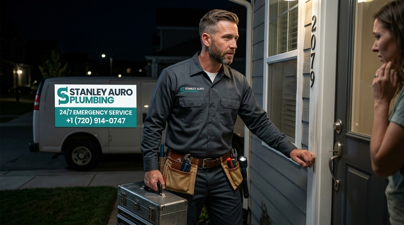 Stanley Auro Plumbing team responding to 24/7 night emergency plumbing callout in Aurora Colorado