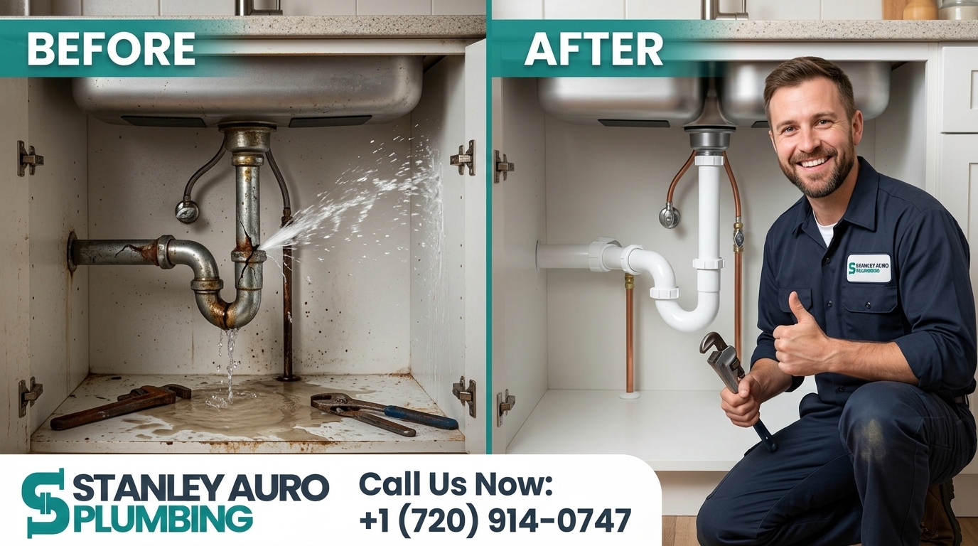 Before and after emergency kitchen leak repair by Stanley Auro Plumbing in Aurora CO