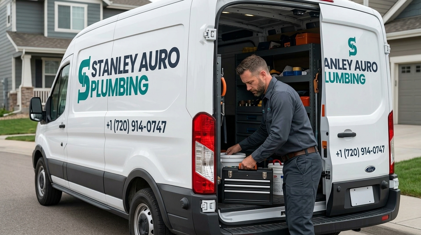 Stanley Auro Plumbing branded service van fully stocked and ready for emergency plumbing calls in Aurora CO