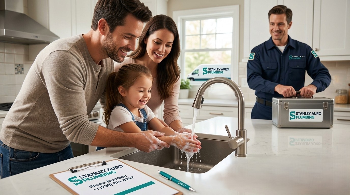 Family enjoying safe clean water after Stanley Auro Plumbing completed emergency plumbing prevention upgrades in Aurora CO