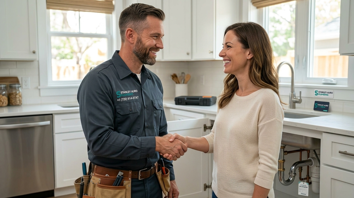 Happy Aurora CO homeowner with Stanley Auro Plumbing emergency plumber after successful repair