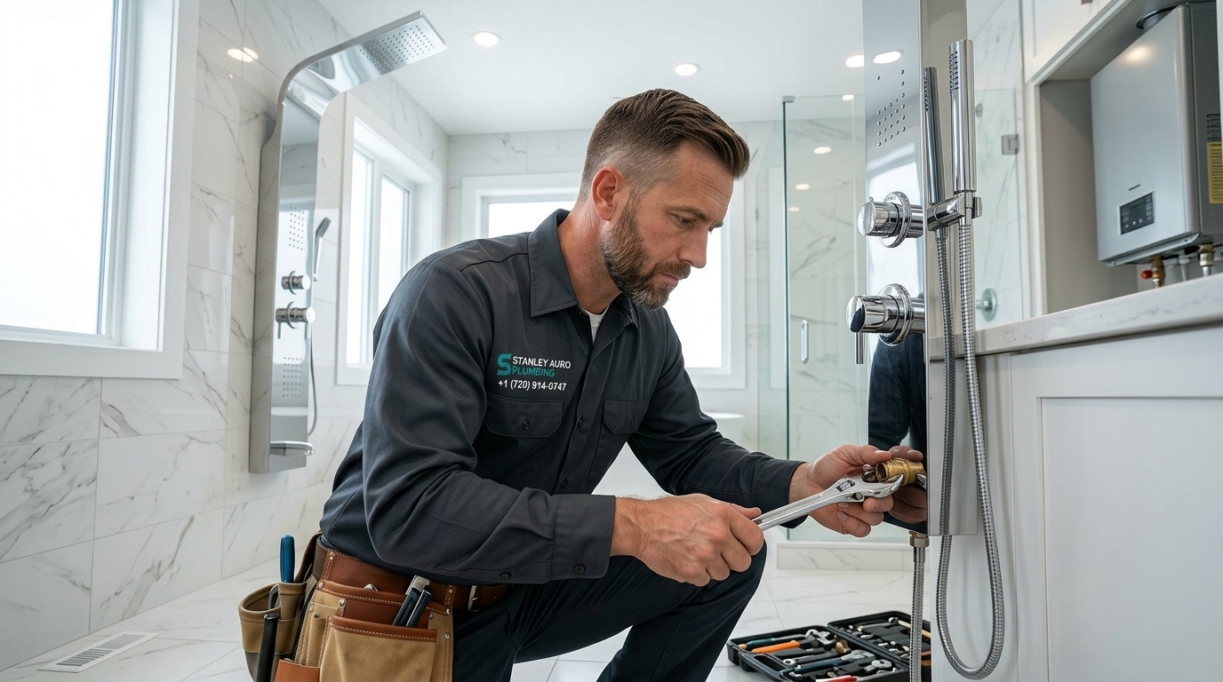 Modern bathroom plumbing installation completed by Stanley Auro Plumbing in Aurora Colorado
