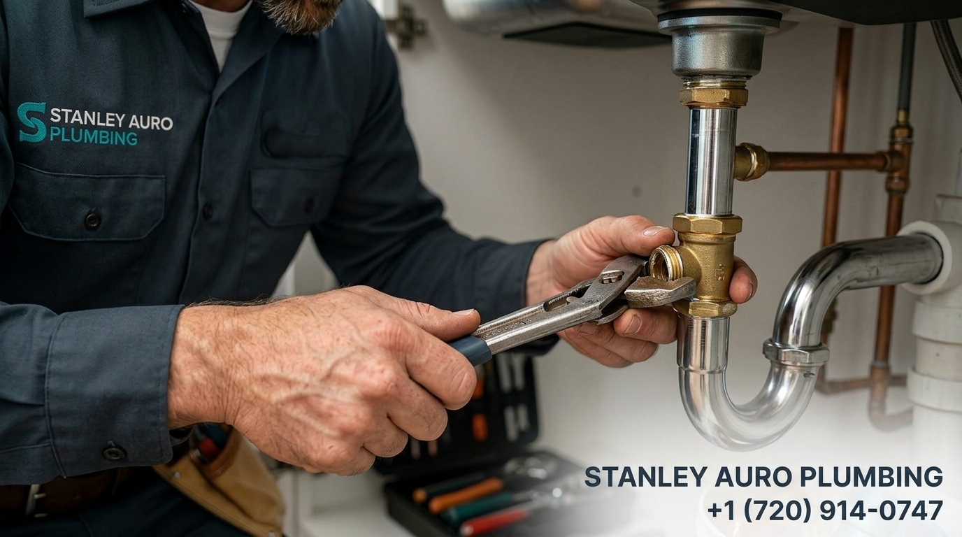 Stanley Auro Plumbing technician performing close-up pipework maintenance during emergency plumbing repair in Aurora CO
