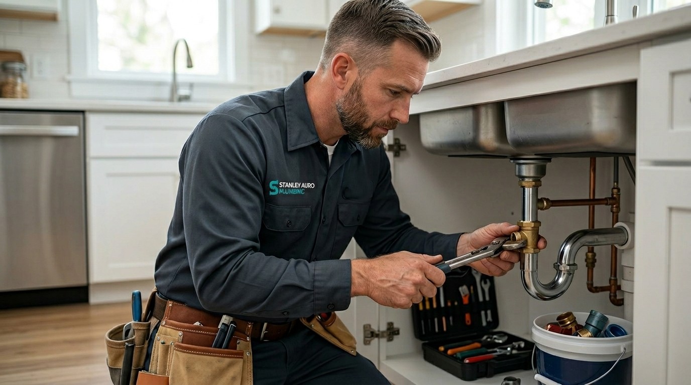Stanley Auro Plumbing technician performing professional on-site emergency plumbing repair in Aurora CO