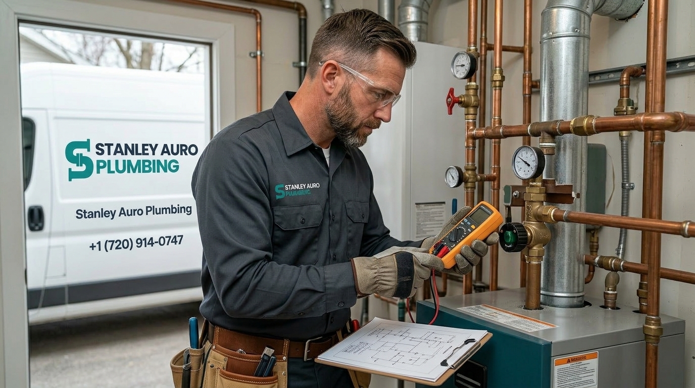 Senior Stanley Auro Plumbing technician performing advanced plumbing diagnostics — Aurora CO